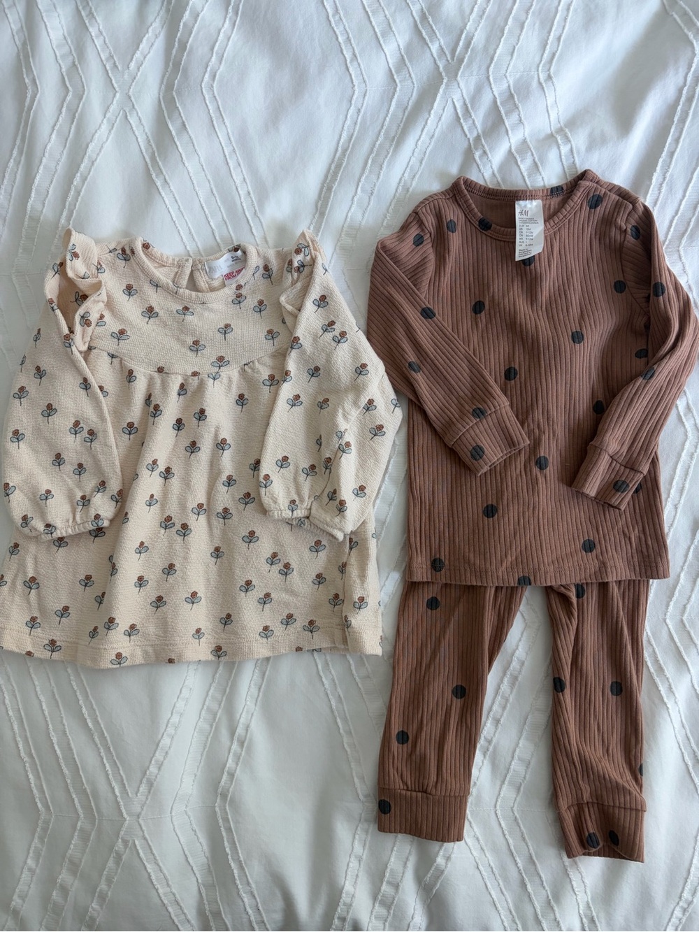 Zara Baby Girls Floral Dress & Brown Polka Dot H&M Ribbed Set - 9-12 months